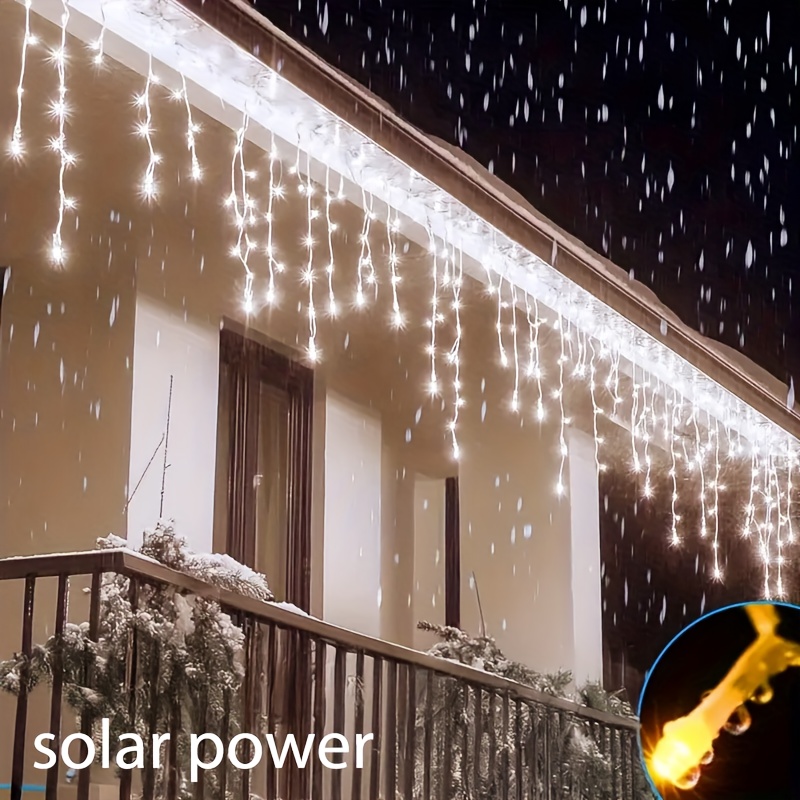 Outdoor Solar Power Xmas Lights - ソーラー式屋外アイシクルストリングライト、8つのモード搭載、軒先階段壁庭用クリスマスLEDライト、クリスマスデコレーション用