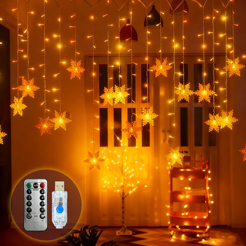 Outdoor Solar Power Xmas Lights - USB電源式スノーフレークカーテンライト リモコン付き 8モード IP65防水 LEDハンギングライト 窓用