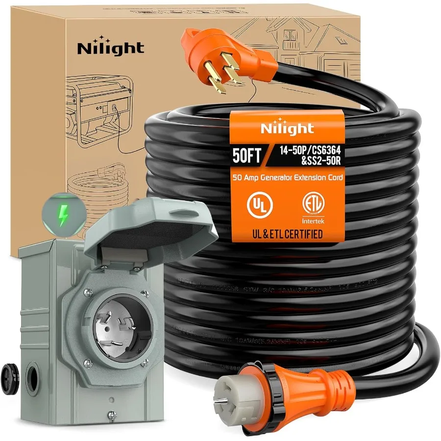 50A 50フィートヘビーデューティー発電機延長コード、RV - Outdoor Power Inlet Box のレビューと価格